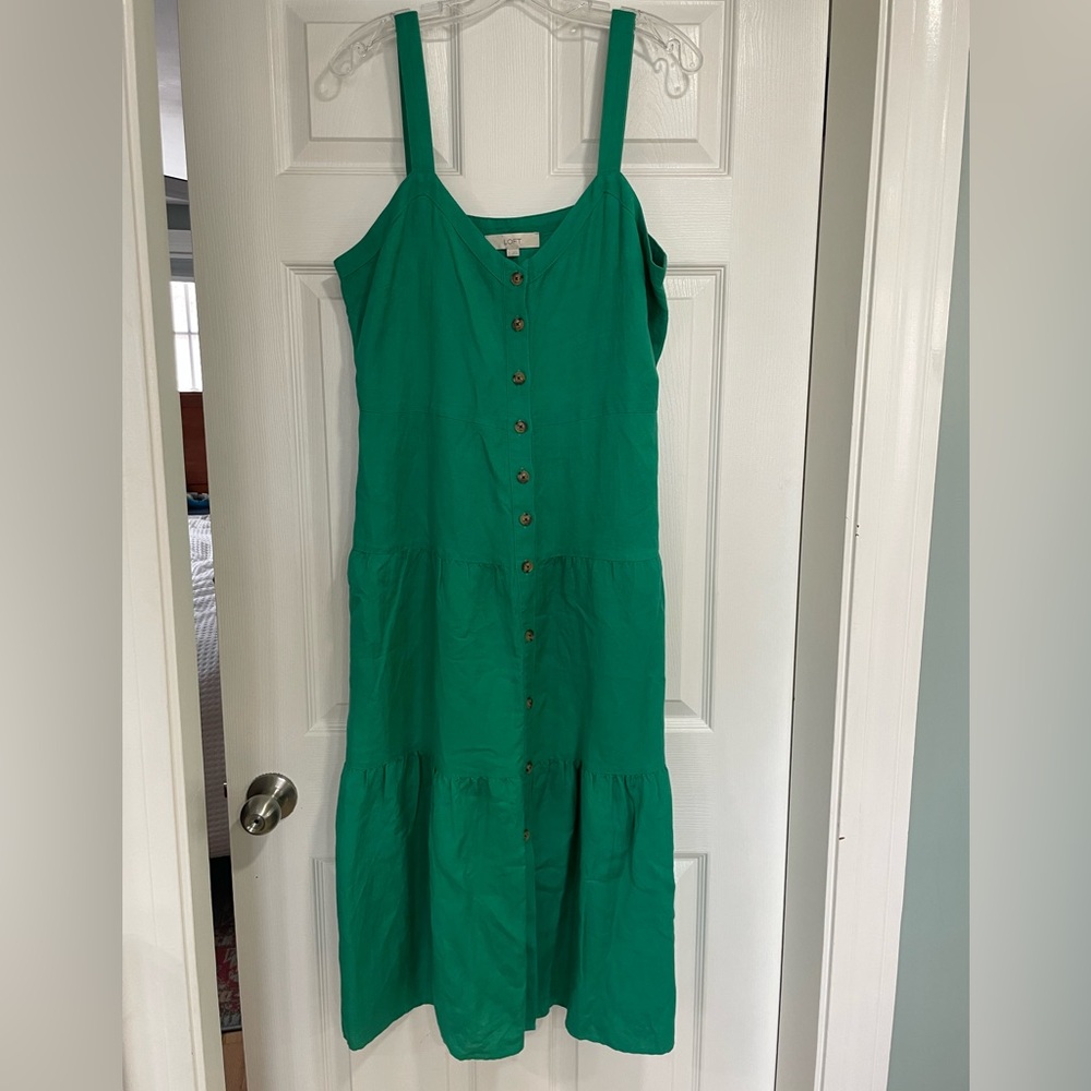 Loft Linen Blend Strappy Button Tiered Midi Dress
